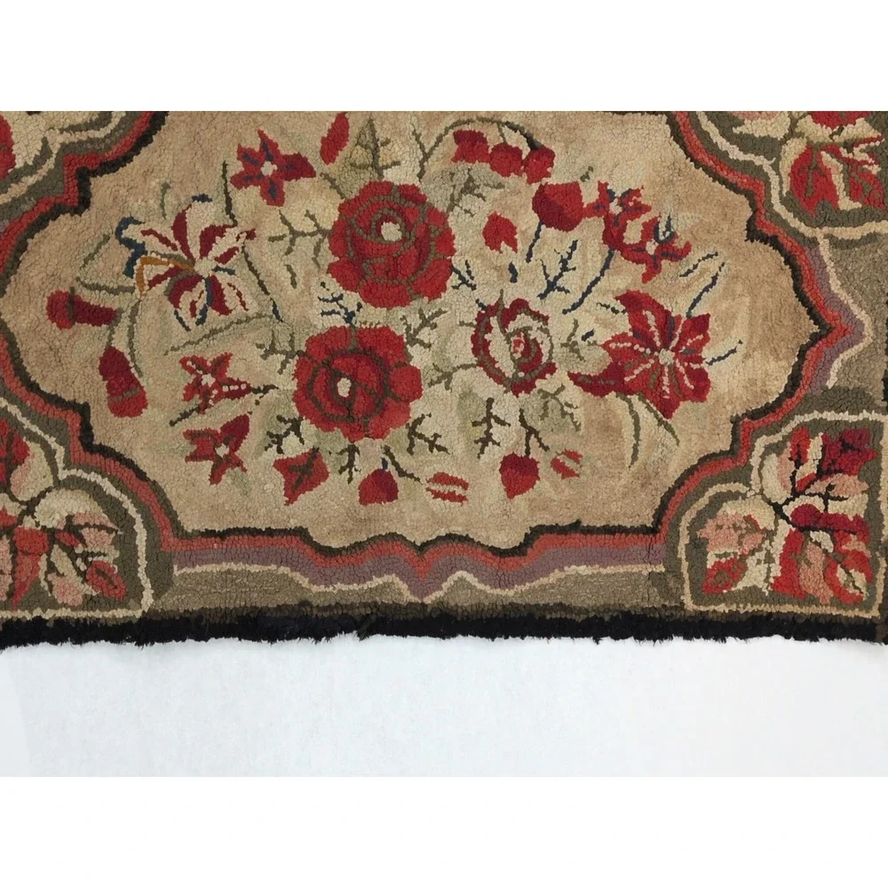 Vintage Hand Hooked Rug 24x37 Primitive Red Gold Floral Pattern Cottagecore
